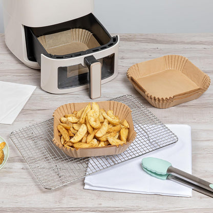 Restaurantware-Pastry Tek 8.1 x 5.5 x 1.8 Inch Air Fryer Liners, 100 Rectangle Air Fryer Baskets - No-Stick Silicone Coating, Unbleached, Food-Grade Paper Liners, For Steamer, Microwave, Oven