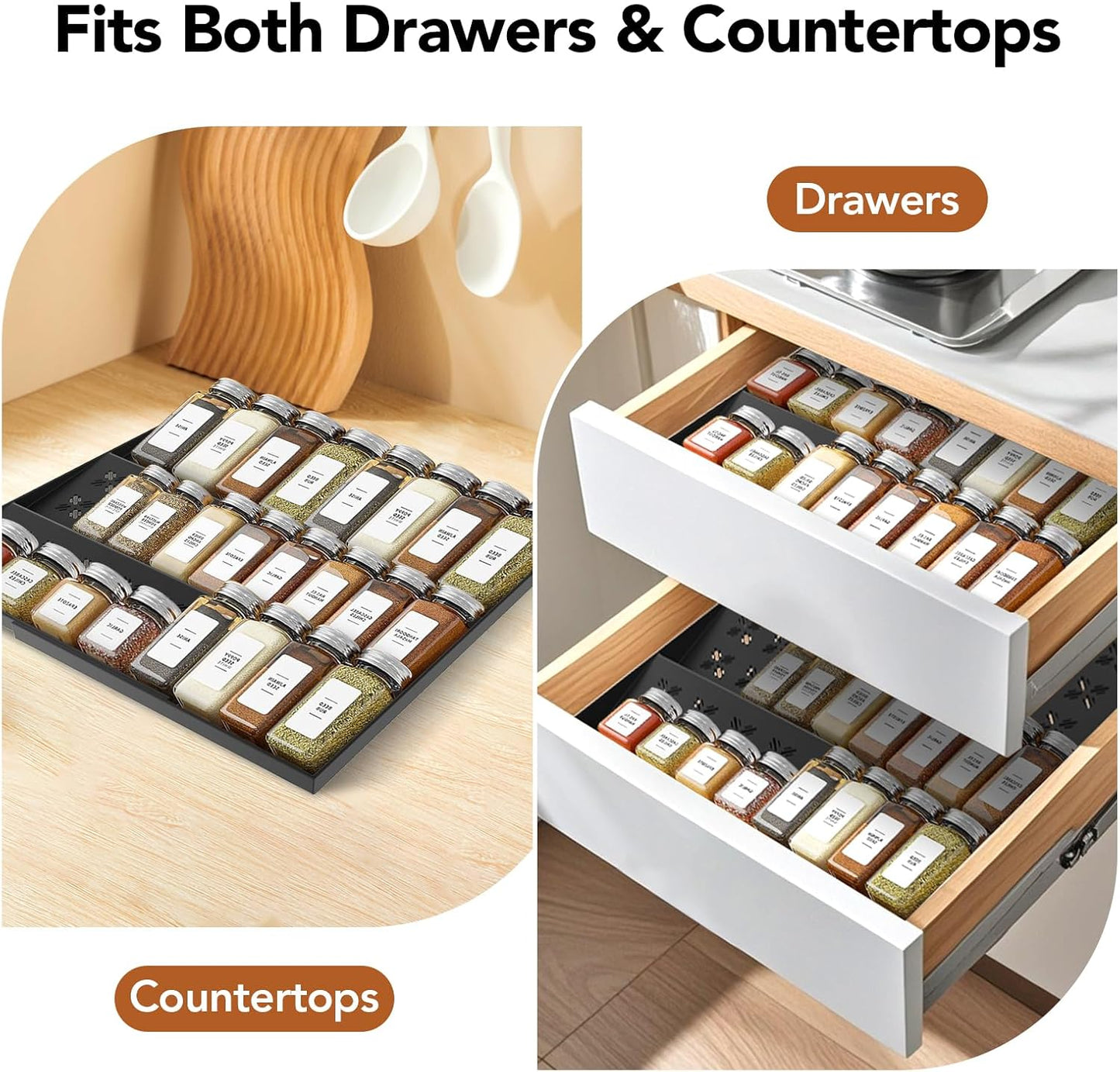 Spice Drawer Organizer 3-Tier Expandable (11"-22" Wide), Spice Rack for Cabinet with Funnel & Spice Labels, Fits Large Jars, Seasoning Storage Insert Design for Cabinet & Drawer (Black)