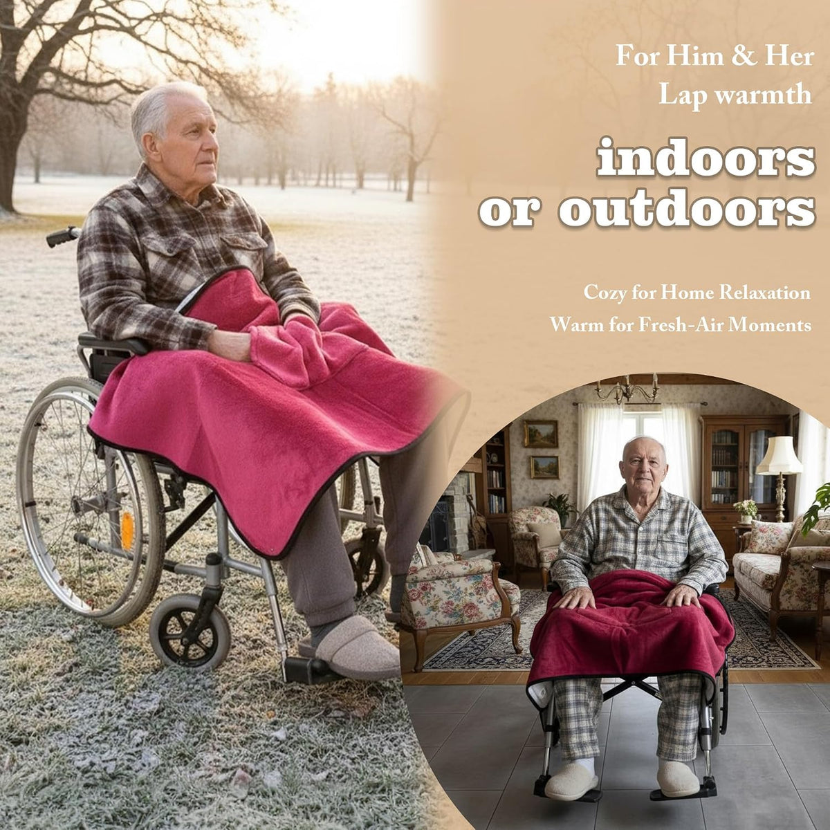 Wheelchair Lap Blanket for Seniors, 43" * 28" Soft Sherpa Lined Knee & Lap Cover, Warm Lightweight Throw with Snap Buttons, Cozy Comfort for Elderly & Caregivers, Wine Red