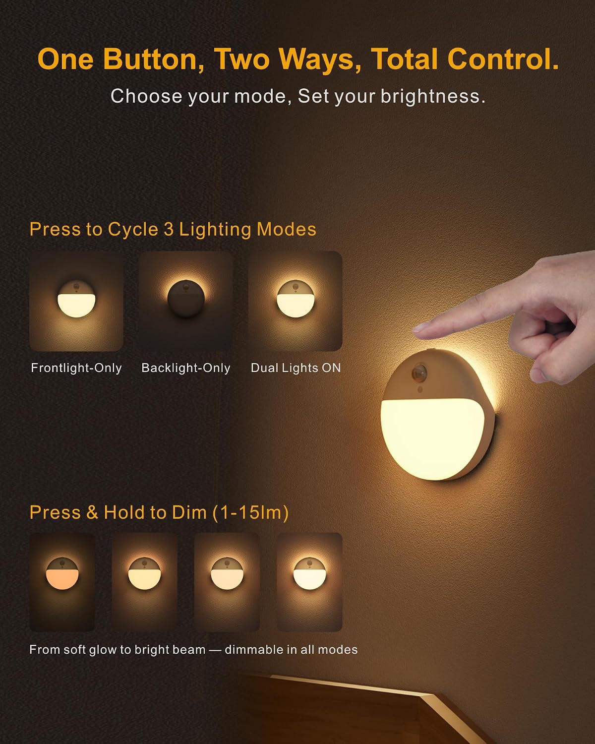 Small Motion Sensor Amber Night Light Battery Operated, Toilet Light | 2 Pack, 3 Modes, Dimmable 1-15lm, Dim Light Soft Glow, No Plug, Wireless Stick on Light for Bedroom, Sleep, Bathroom, Kids