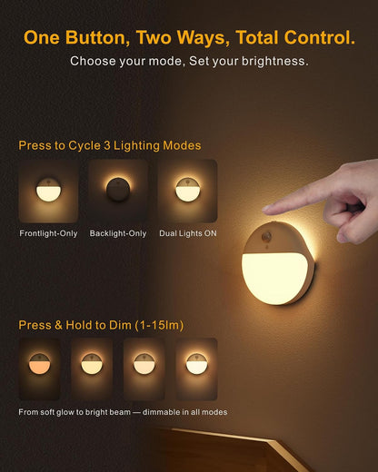 Small Motion Sensor Amber Night Light Battery Operated, Toilet Light | 2 Pack, 3 Modes, Dimmable 1-15lm, Dim Light Soft Glow, No Plug, Wireless Stick on Light for Bedroom, Sleep, Bathroom, Kids