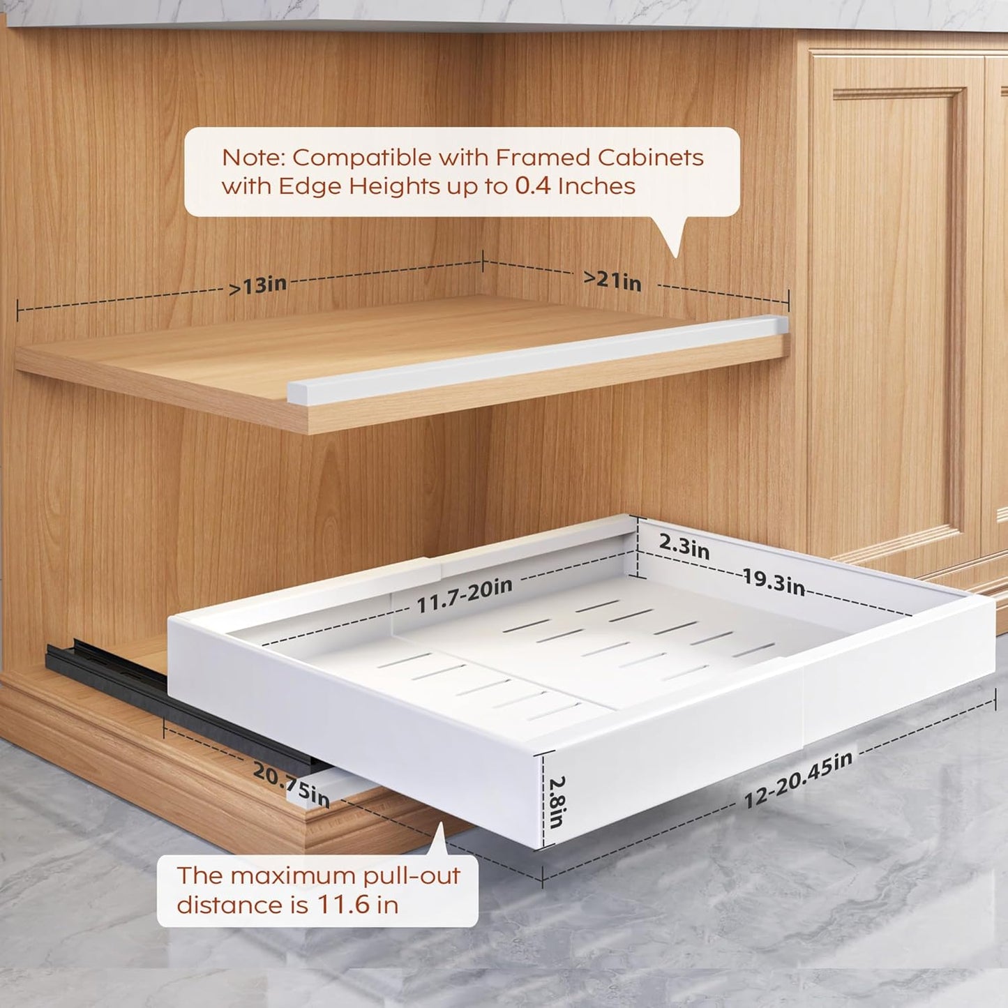 Seinloes 2 Pack Pull Out Cabinet Organizers 21"Deep with Raising Pad for Framed Cabinets,Expandable Slide Out Drawers Upgrade 3 Slide Rails,Roll Out Shelves Adhesive,Adjustable Width 12"-20.45" White