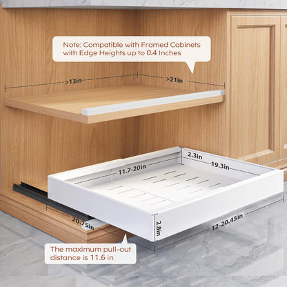 Seinloes 2 Pack Pull Out Cabinet Organizers 21"Deep with Raising Pad for Framed Cabinets,Expandable Slide Out Drawers Upgrade 3 Slide Rails,Roll Out Shelves Adhesive,Adjustable Width 12"-20.45" White