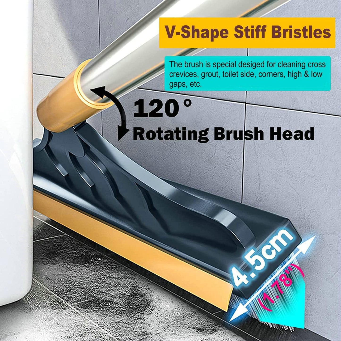 2 in 1 Cleaning Scrub Brush Grout Brush Scrapee 3 Poles 47.6'' Floor Scrub Brush with Long Handle V-Shape Stiff Bristle Brush Scrubber with Squeegee 120°Rotate Shower Scruber for Bathroom Glass