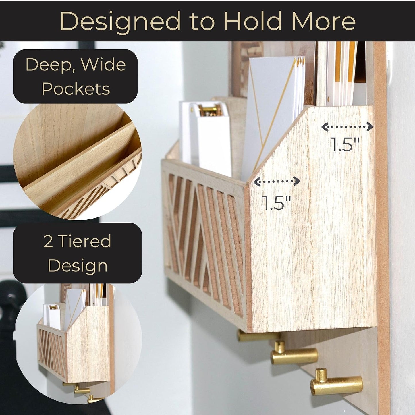 BLU MONACO Wall-Mounted Mail and Key Holder – Natural Wood 2-Tier Letter Organizer with 3 Hooks | Entryway Command Center for Mail, Keys, and Documents