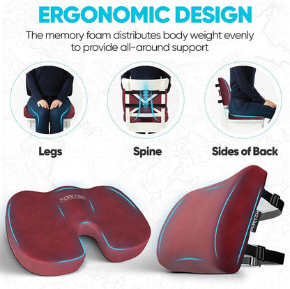 FORTEM Seat Cushion, Office Chair Cushion, Lumbar Support Pillow for Office Chair, Memory Foam Car Seat Cushions, Sciatica Coccyx Tailbone Pain Relief, Cushions for Back Support, Washable, Non Slip