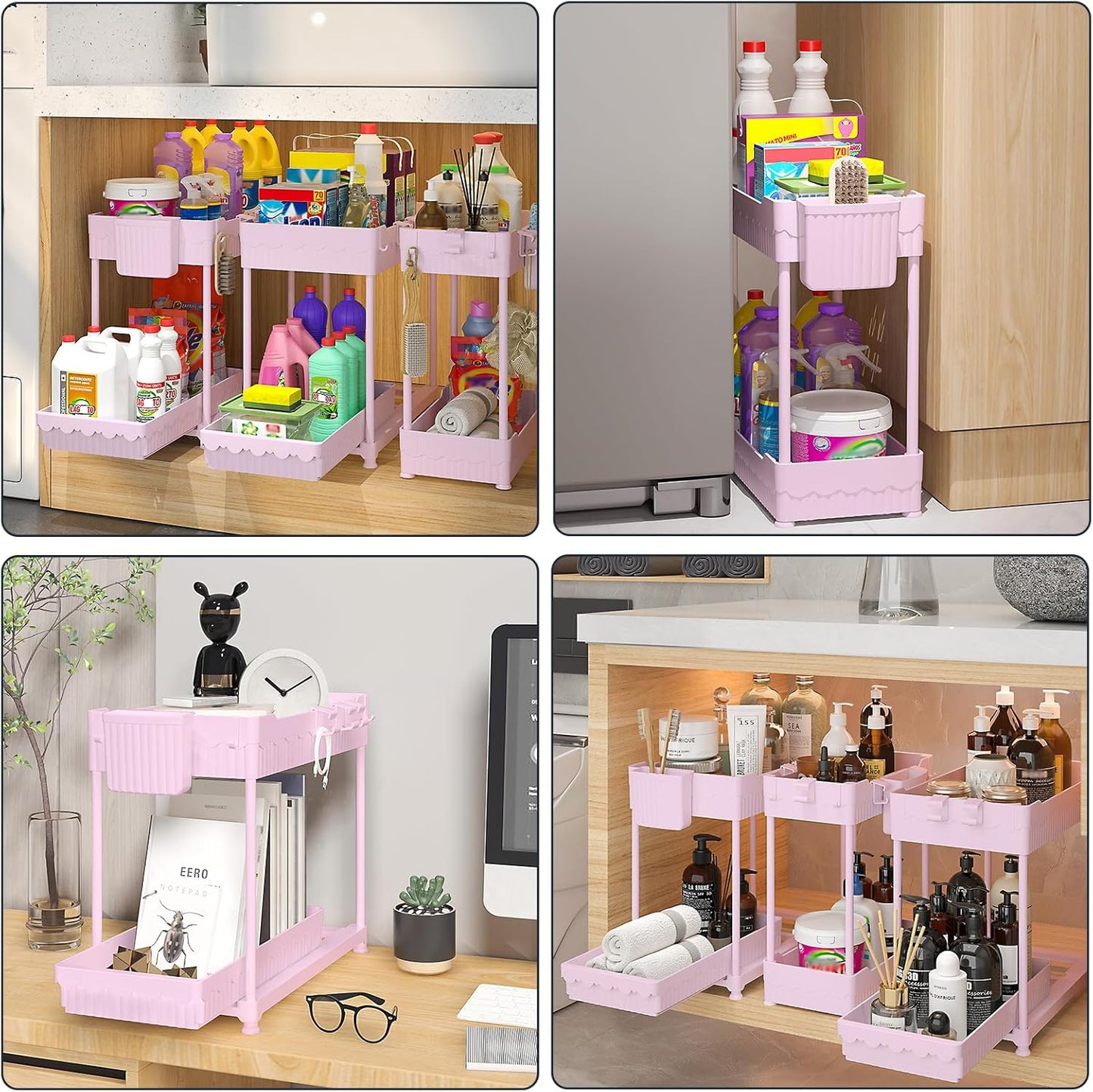 3-Pack 2-Tier Under Sink Organizers with Sliding Drawers | Multi-use kitchen & bathroom storage, 12.8 inch black cabinet organizer, space-saving sliding drawer design.