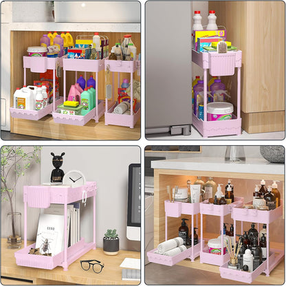 3-Pack 2-Tier Under Sink Organizers with Sliding Drawers | Multi-use kitchen & bathroom storage, 12.8 inch black cabinet organizer, space-saving sliding drawer design.