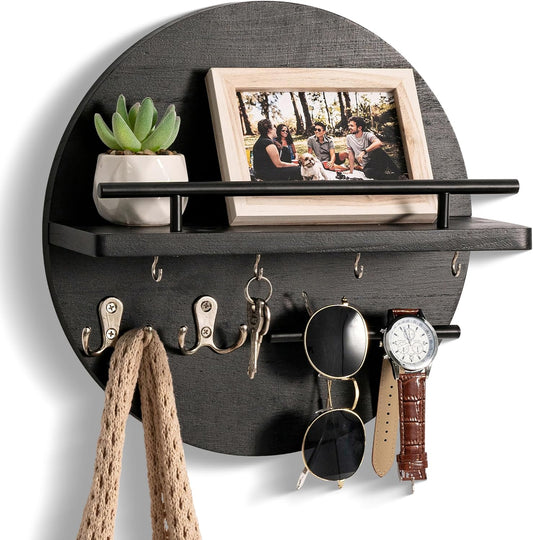 Key Holder for Wall Decorative with Shelf and Hooks, Mail Organizer Wall Mount with Sunglasses Holder, Circular Design Entryway Key Rack Hanger, Rustic Home Decor Boho Wall Decor (White)