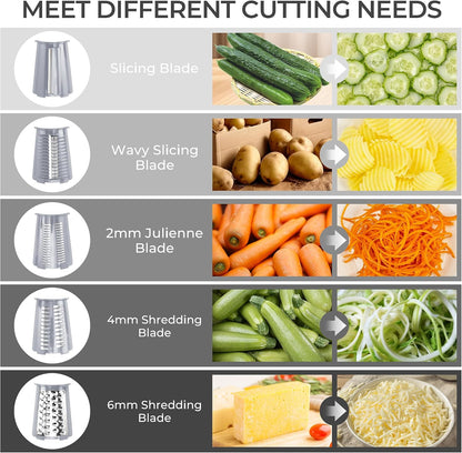 SUSTEAS Rotary Cheese Grater 5 Blades,Kitchen Mandoline Vegetable Slicer | White, Easy to Clean, Strong Suction Base, 5 Blades Storage Box, Round Mandoline Slicer & Food Chopper for Salad