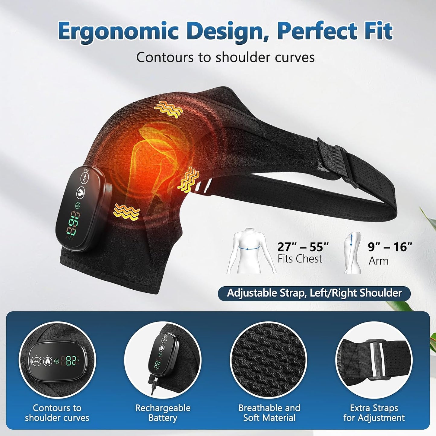 Cordless Shoulder Heating Pad & Massager, Heating Vibration Shoulder Wrap Brace, Shoulder Massager for Pain Relief Deep Tissue, Rotator Cuff Support for Men & Women, Black