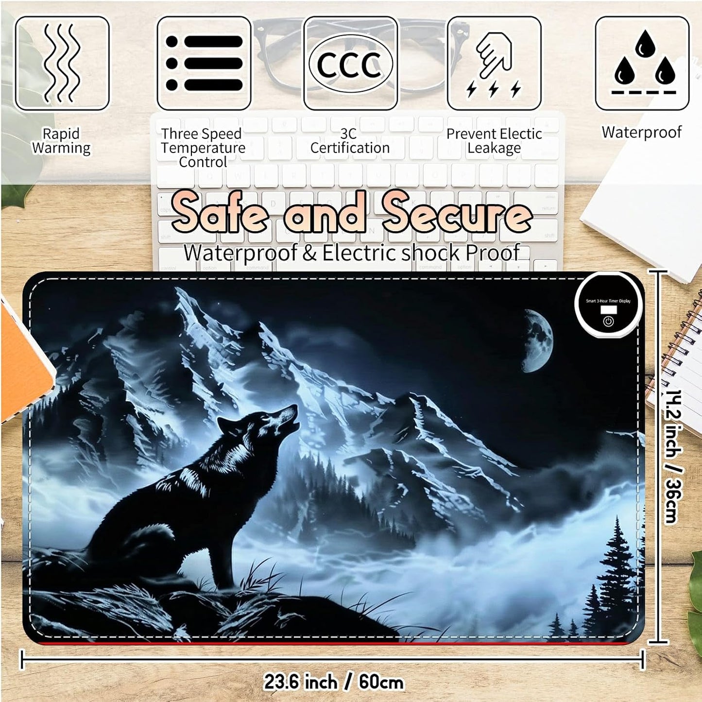 Heated Desk Pad Heated Large Mouse Pad, Electric Quickly Warm Desk Mat with 3 Levels Heating 3 Hours Auto Shut-Off, 31.5" x 13" Warm Gaming Mousepad Hand Foot Warmer, Baby Elephant