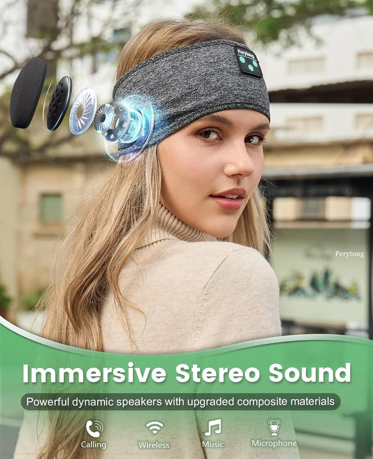 Perytong Sleep Headphones Bluetooth 5.4 Headband, Wireless Sleep Headphones for Side Sleepers - Sleeping Headband with Ultra-Thin Speaker Microphone Handsfree Gift Ideas for Women Men