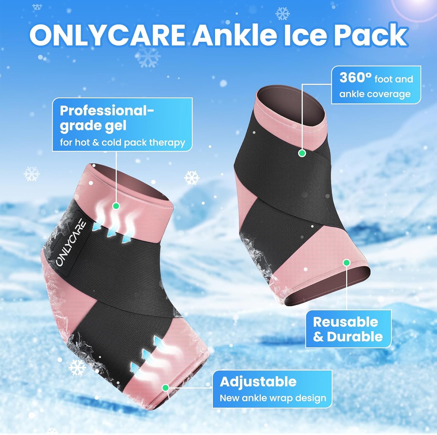 ONLYCARE Ankle Ice Pack Wrap for Swelling, Upgraded Gel Ice Pack Reusable, Hot Cold Therapy, Cold Pack for Sprained Ankle Injuries, Achilles Tendonitis, Plantar Fasciitis