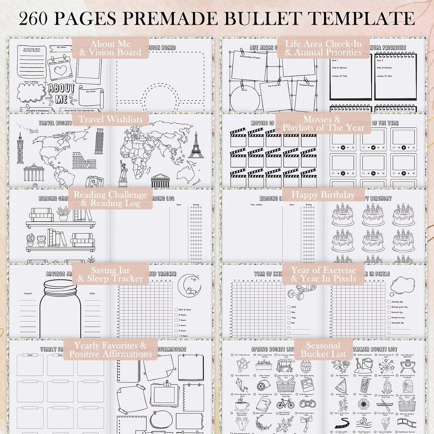 Everloria Premade Dotted Journal Notebook, 12 Months Pre-made Bullet Templates, 260 Hand-Drawn Coloring Pages, Undated Weekly & Monthly Planner, 7.8"x9.3" Leather Dot Grid Habit Mood Tracker