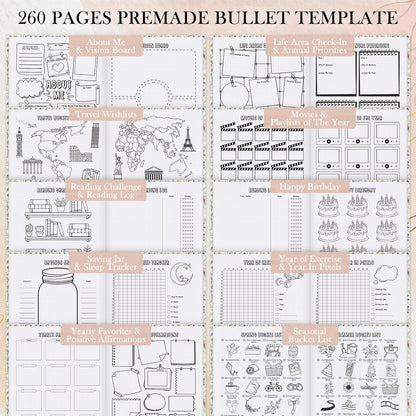 Everloria Premade Dotted Journal Notebook, 12 Months Pre-made Bullet Templates, 260 Hand-Drawn Coloring Pages, Undated Weekly & Monthly Planner, 7.8"x9.3" Leather Dot Grid Habit Mood Tracker