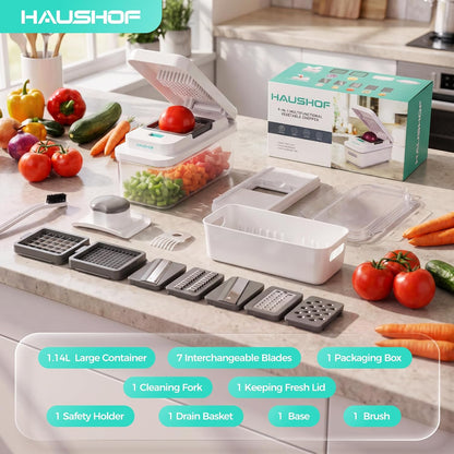 HAUSHOF 9-in-1 Vegetable Chopper & Mandoline Slicer, 7 Blades, Drain Basket | Food and Veggie Chopper and Dicer, Grater, Kitchen Prep Tool with Container, Safety Holder, Interchangeable Blades