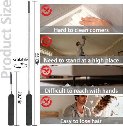 Retractable Gap Dust Cleaner Under Appliance Cleaning Tool with 5 Microfiber Dusting Cloths - Extendable Long Handle Flat Duster for Under Refrigerator Couch Bed Furniture