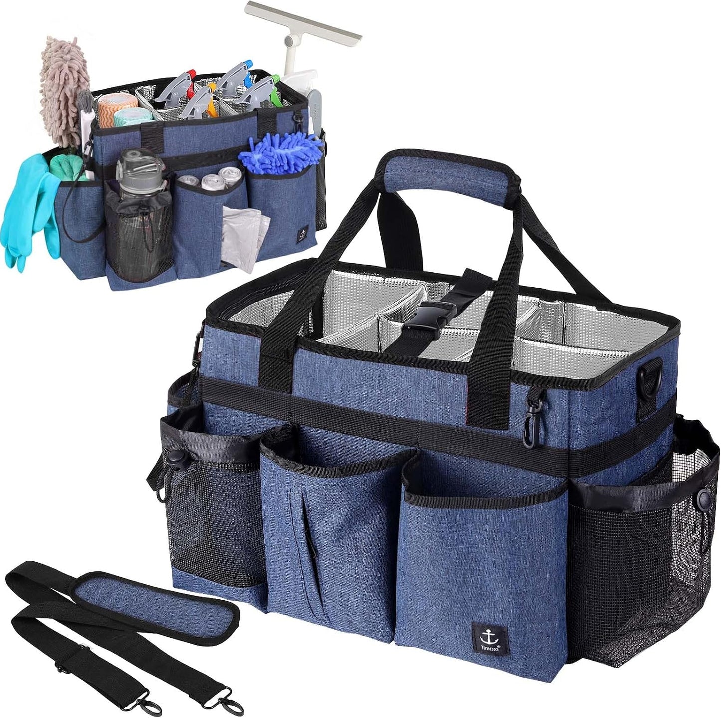 Large Cleaning Caddy Bag Built-in hard plastic sheet Aluminum foil lining | Waterproof nylon, aluminum foil lining, detachable dividers, dual straps for housekeepers