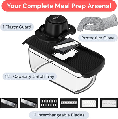 Fullstar Pro Mandoline Vegetable Slicer, Grater & Spiralizer with Container | 6 in 1 Fruit Cutter, Cheese Grater & Spiralizer with Safety Gloves, Stainless Steel Blades & Container (Black)