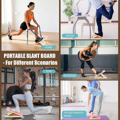 Slant Board Calf Stretch with Stretch Strap, 300 lb Portable Incline Board | Training Poster, Non-Slip Adjustable Wooden Calf Mobility Board for Calf Ankle Knees Achilles Physical Therapy Leg Exerciser