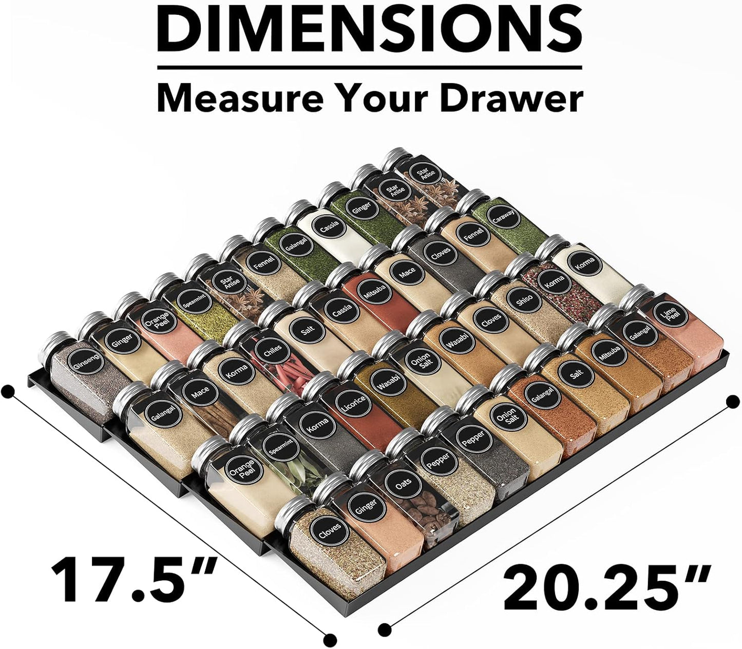 SpaceAid Spice Drawer Organizer with 28 Spice Jars, 386 Spice Labels, 4 Tier Seasoning Rack Tray Insert for Kitchen Drawers, 13" Wide x 17.5" Deep