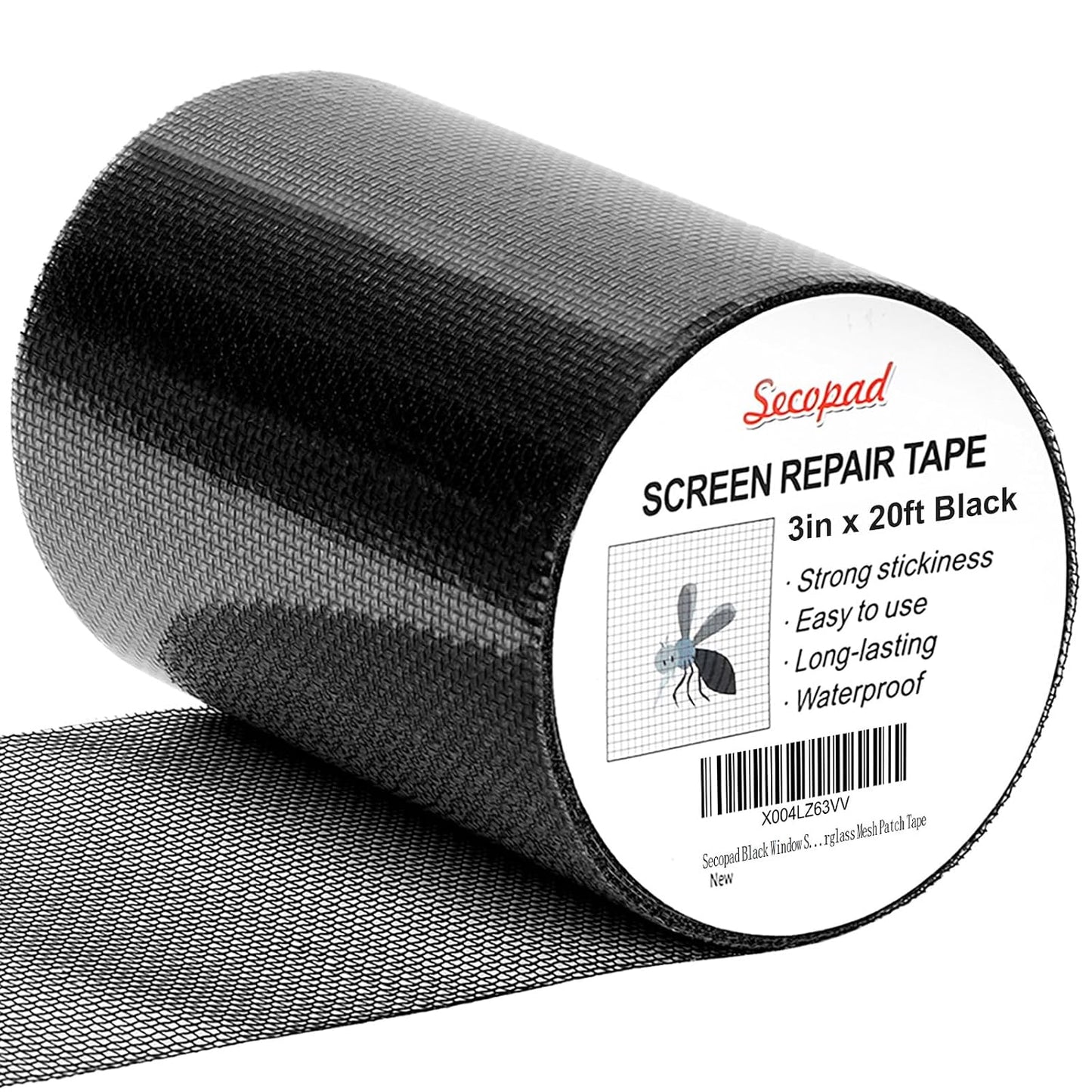 Secopad 2" x 180" (15FT) Screen Repair Tape, Screen Repair Kit, Black | Window Screen Patch, Quick Repair, Strong Adhesive, Easy to Use, For Mesh Window & Door, Cuttable Fiberglass, No Tools Needed