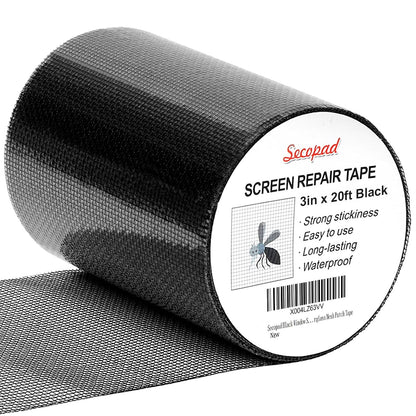 Secopad 2" x 180" (15FT) Screen Repair Tape, Screen Repair Kit, Black | Window Screen Patch, Quick Repair, Strong Adhesive, Easy to Use, For Mesh Window & Door, Cuttable Fiberglass, No Tools Needed