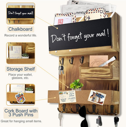 Key Holder for Wall Mount with Shelf and Mail Organizer, Key and Mail Holder with 16 Hooks, Farmhouse Entryway Organizer, Home Decor Rack (Pine Wood, White Washed)