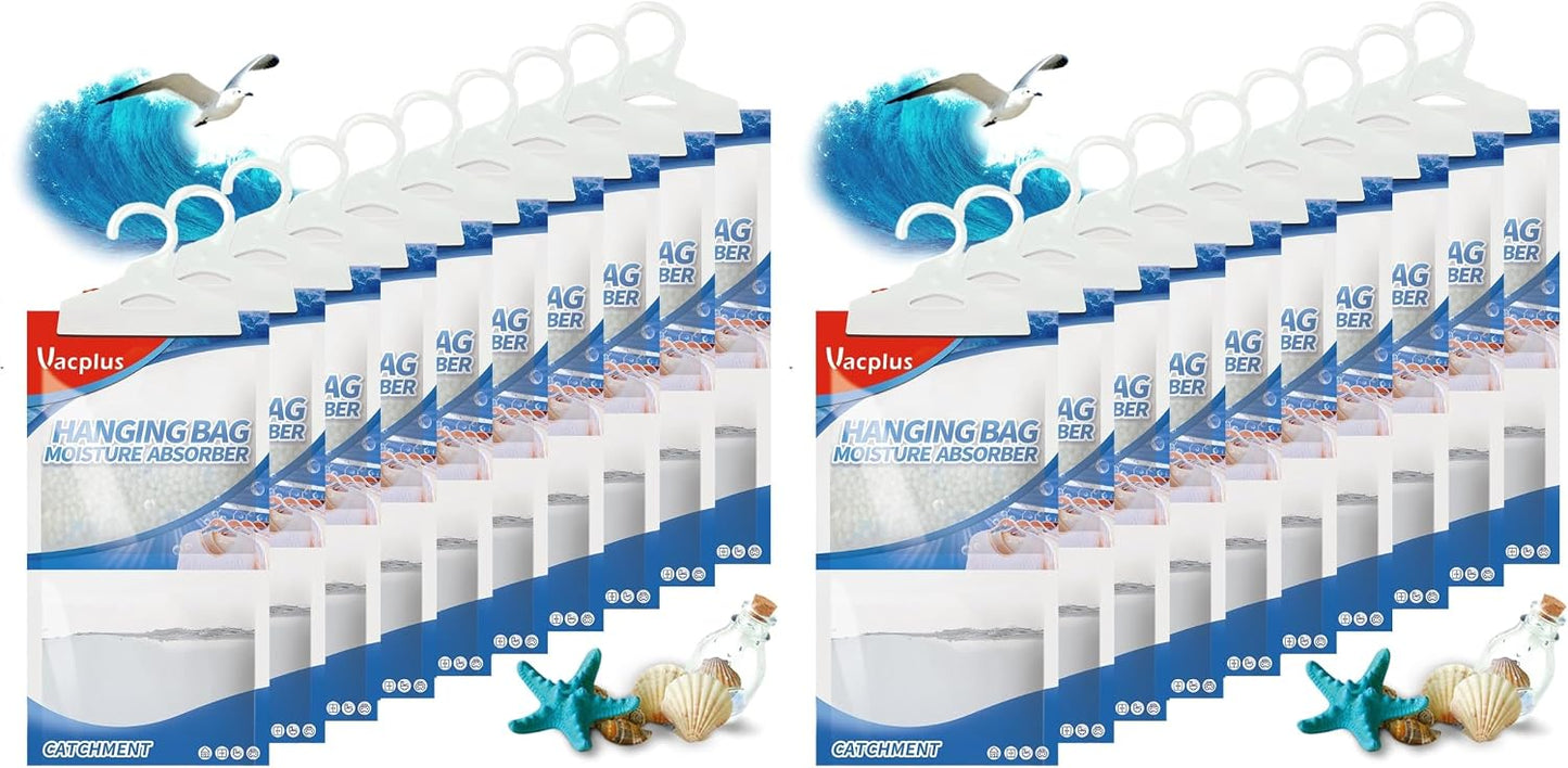 Vacplus Moisture Absorber, 9.8 OZ Hanging, Strong Absorption, Unscented | Closet, Enclosed Spaces, Bathroom, Odor Eliminator, Dehumidifier Bags, 10 Pack