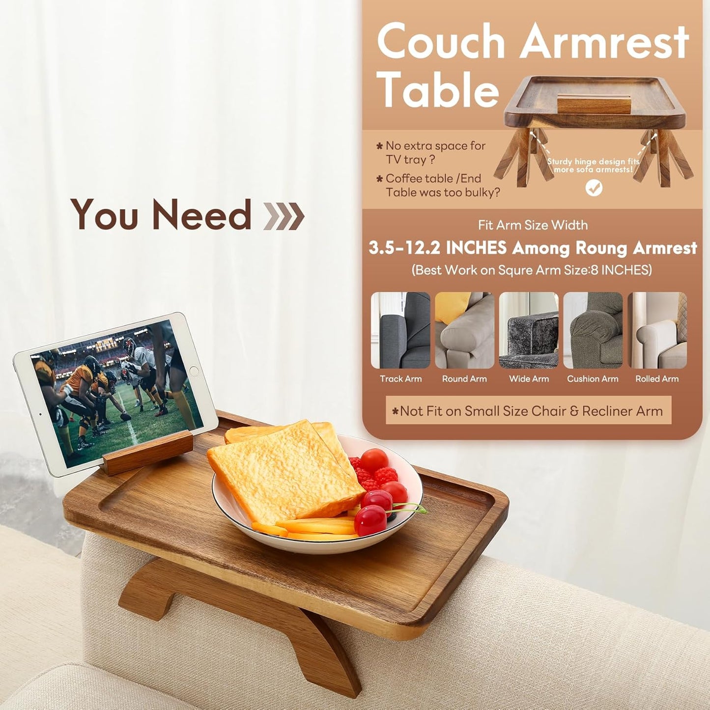 Couch Arm Tray,Bamboo Sofa Clip on Side Table,Foldable Couch Armrest Table with 360°Rotating Phone Holder,Anti Slip Food Trays for Eating/Drinks/Snacks/Remotes 15.35" x 9.85"