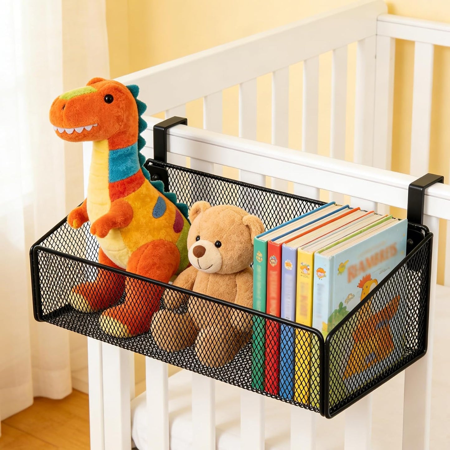 Bedside Caddy Hanging Storage Basket No-Drill – Large Capacity Beside Shelf Metal Organizer for Bunk Bed, Dorm, Office Cubicle, Baby Crib, Includes 5 Pairs Hook Sizes, Holds Phone, Books, Remote