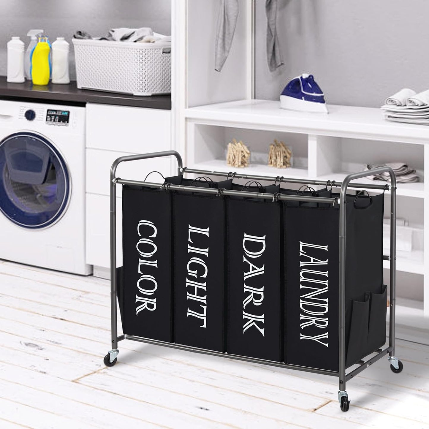 STORAGE MANIAC 3 Section Laundry Sorter, 35.6 Gal (135 L) Laundry Hamper Cart with Heavy Duty Rolling Lockable Wheels and Removable Bags, Clothes Organizer Basket Separator Hamper, Gray