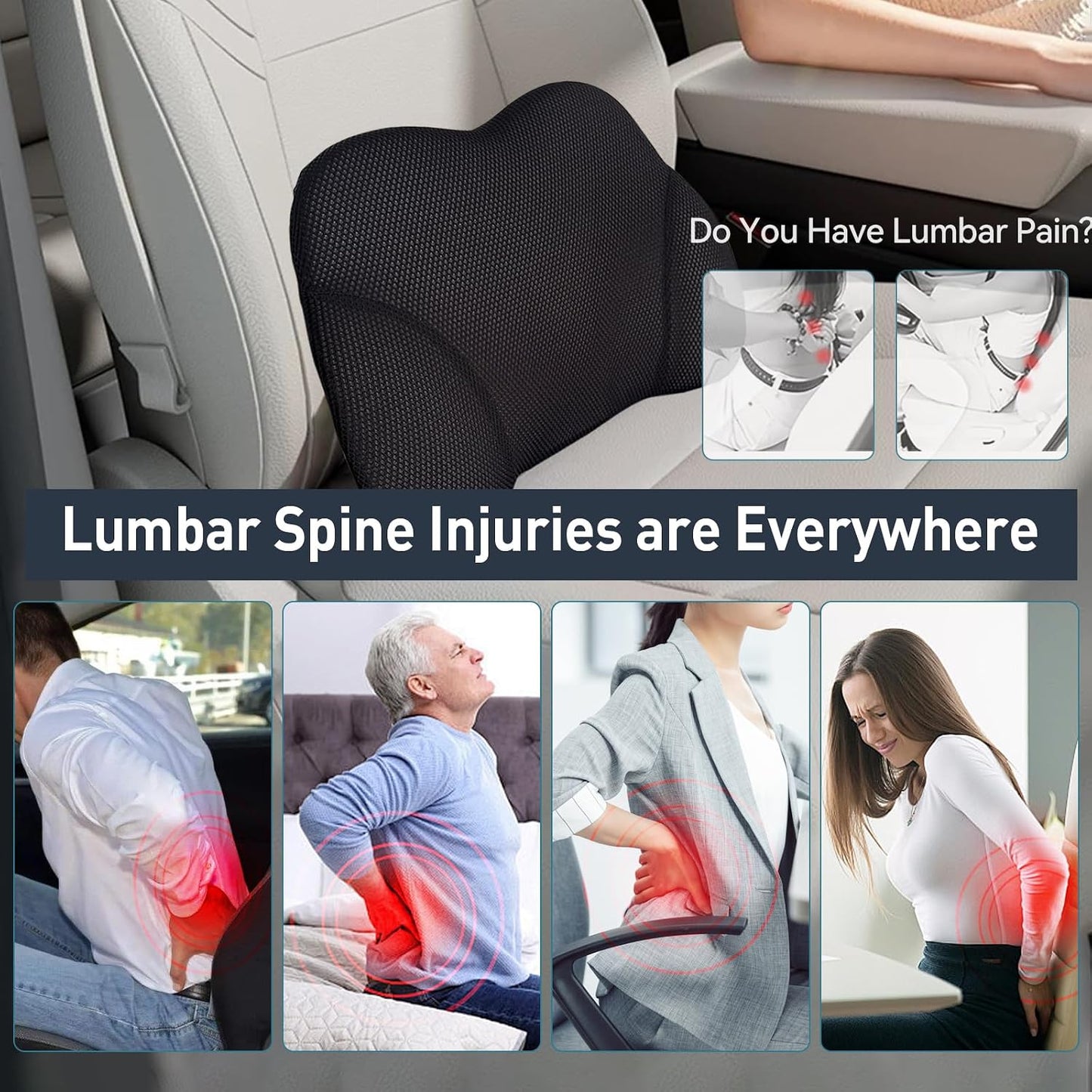 Super Cozy Lumbar Support Pillow for Car/Office Chair, 100% Memory Foam | Lumbar Pillow with Breathable Removable Cover, Ergonomic Design - Back Support for Back Pain Relief(Adjustable Strap, Black)