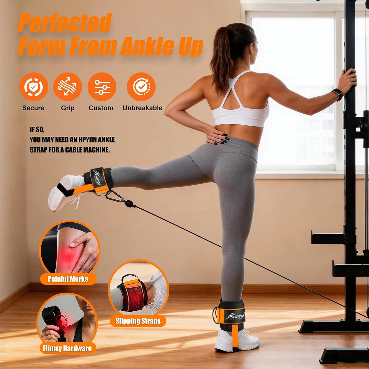 HPYGN Ankle Strap for Cable Machine, Padded Ankle Straps for Cable Machine Kickbacks, Glute Workouts, Leg Extensions, Curls, Booty Hip Abductors Exercise, Adjustable Comfort Ankle Cuff for Gym