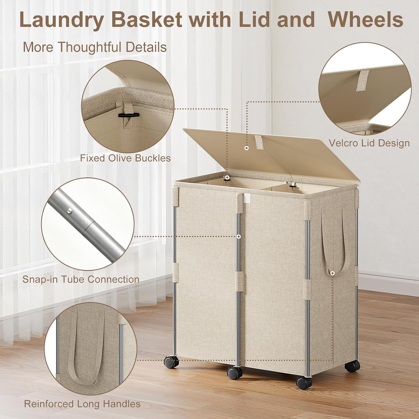 140L Double Laundry Hamper with Lid and 6 Wheels, Rolling Laundry Basket | Gasvadivum Metal Frame Laundry Sorter 2 Section with 2 Removable Bags, Large Clothes Cart for Bedroom, Bathroom, Black