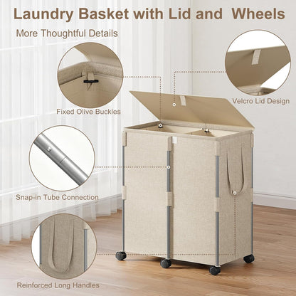 140L Double Laundry Hamper with Lid and 6 Wheels, Rolling Laundry Basket | Gasvadivum Metal Frame Laundry Sorter 2 Section with 2 Removable Bags, Large Clothes Cart for Bedroom, Bathroom, Black