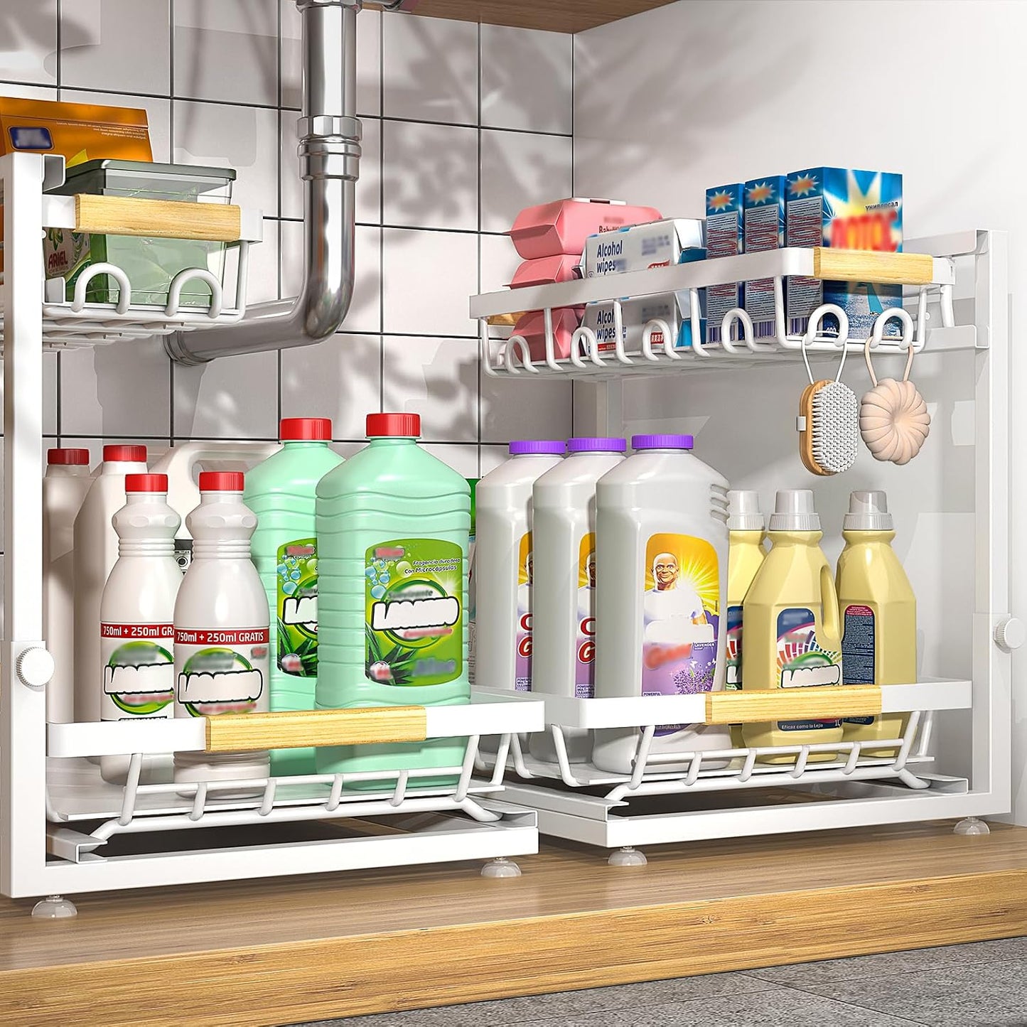 2-Pack 2-Tier Height Adjustable Under Sink Organizer & Storage | Multi-purpose storage for kitchen & bathroom cabinet. Large black shelf, height adjustable design for space-saving.