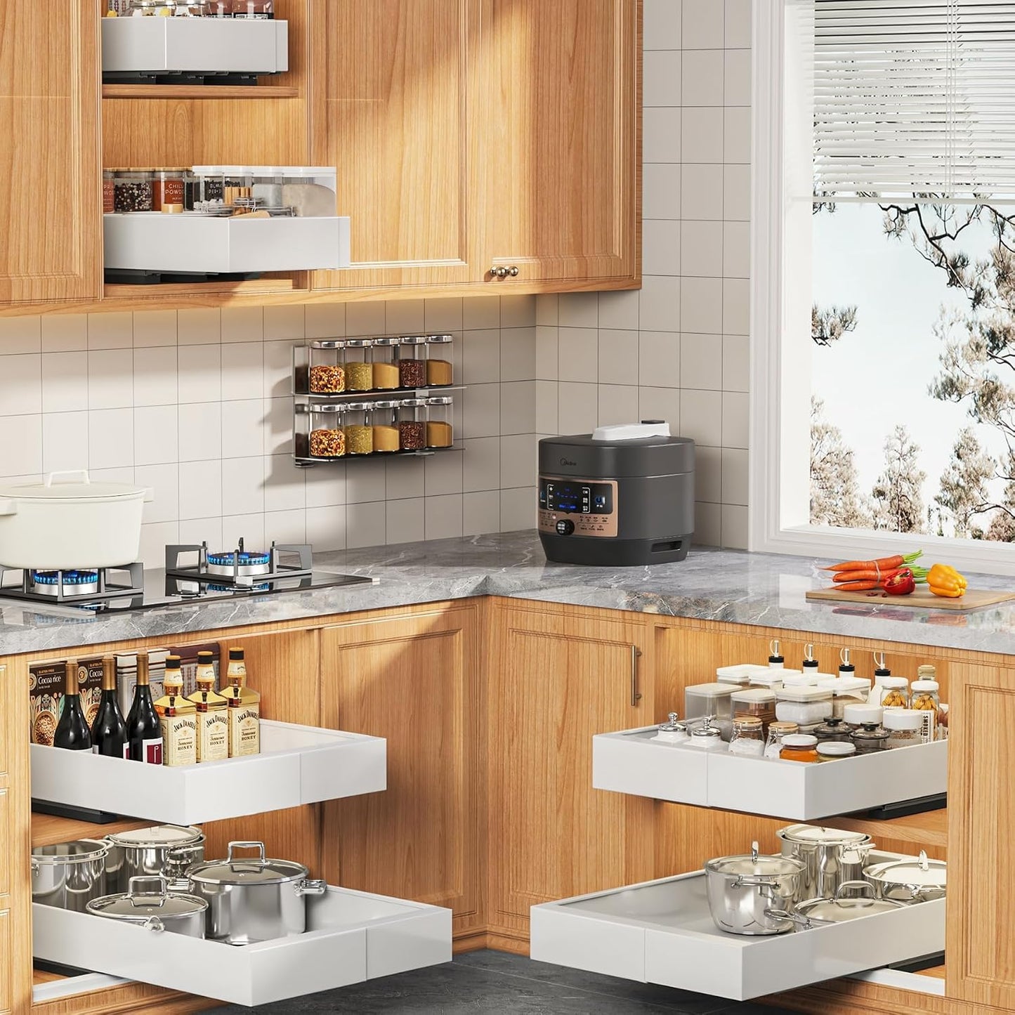 Seinloes 2 Pack Pull Out Cabinet Organizer for Wide Cabinets,Expandable 15.1"-26.3" Width,21" Deep Slide Out Drawers With Raising Pad for Framed Cabinets,3 Slide Rails,No Drill Roll Out Shelves,White