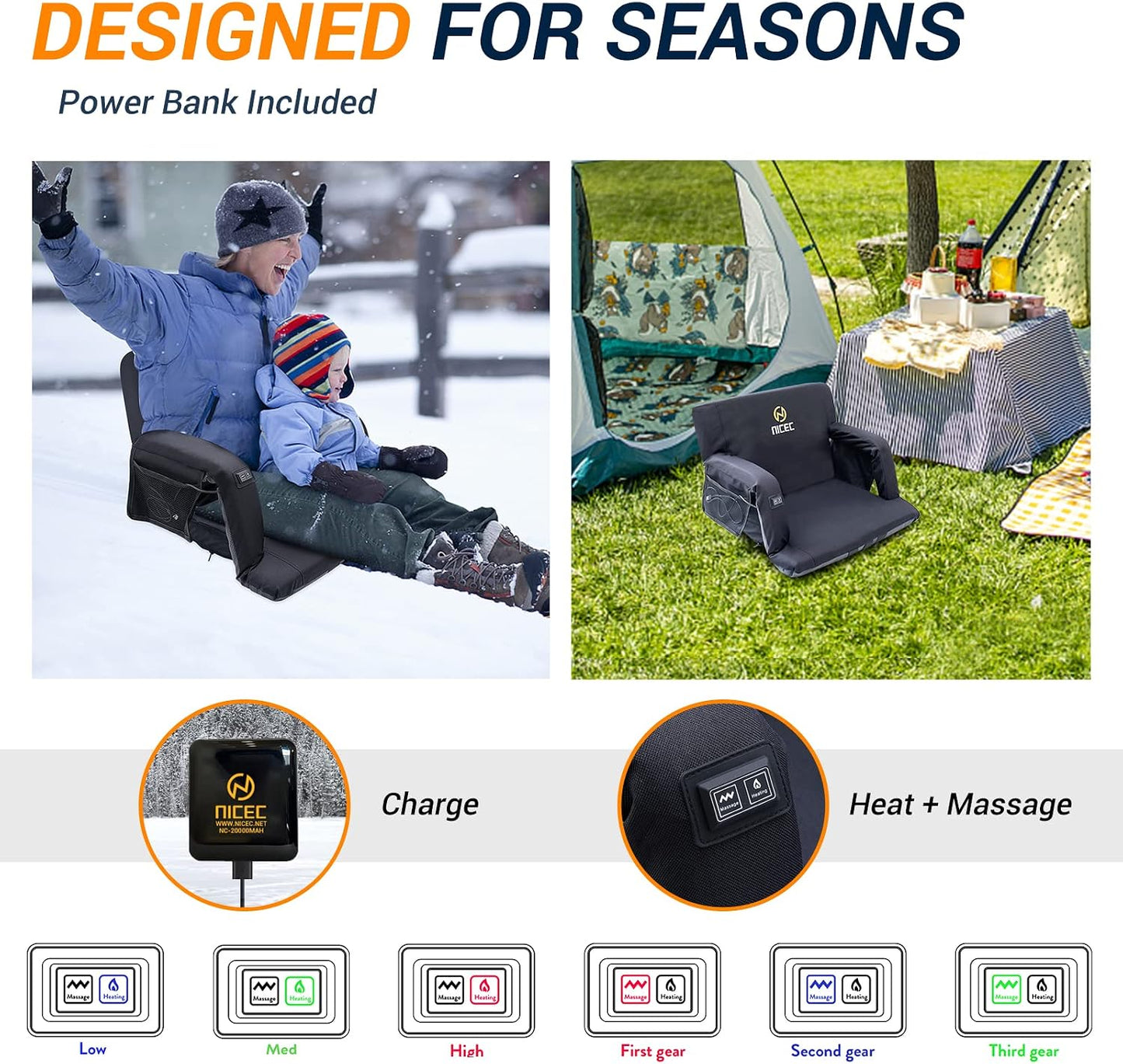 Nice C Heat Massage Stadium Seat, Reclining Bleacher Seat (Regular 1 Pack) | Foldable Floor Arena Chair, Waterproof Stadium Cushion, Thick Padding, Back Support, Shoulder Straps, Side Pockets