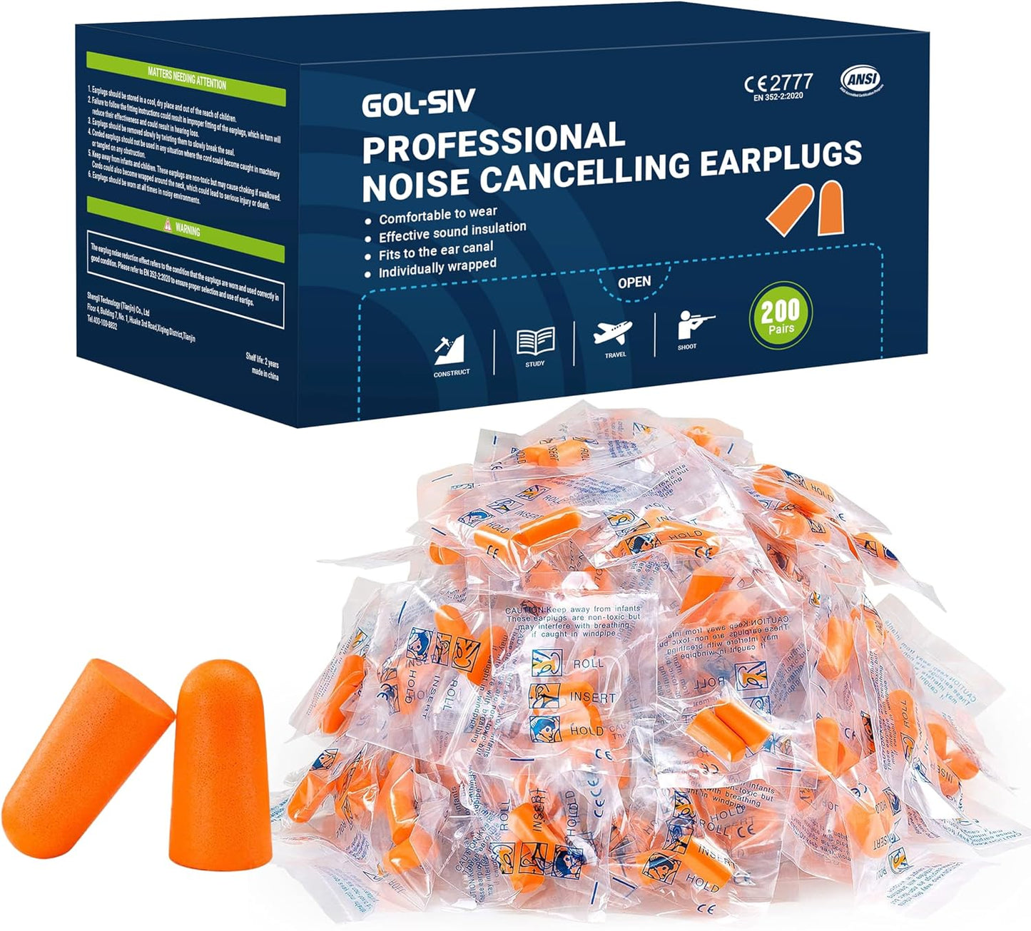 Silicone Corded Ear Plugs, 100 Pairs, SNR 32dB, Orange | Reusable noise reduction earplugs with string. Individually wrapped. For work, construction sites & industrial use.