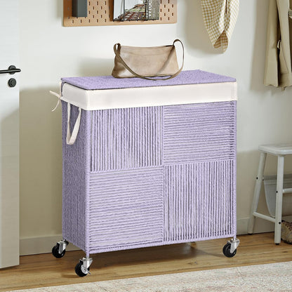 WOWLIVE Double Laundry Hamper with Wheels, Handwoven Rolling Laundry Basket | 115L Dirty Clothes Hamper with Lid, Removable Liner Bag, Large Capacity Laundry Sorter Laundry Room Organization, Green