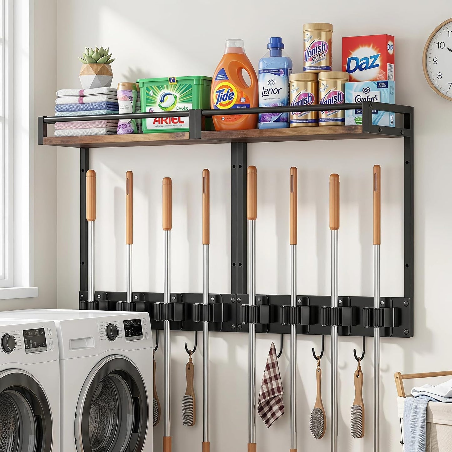 Broom Holder Wall Mount with Shelf, 15.7" Wx6.7 Dx15.7 H, 1 Pack | Load 66LBS, 4 Mop Hanger Grippers, 3 Hooks, for Laundry Room, Garage, Utility Closet, Kitchen