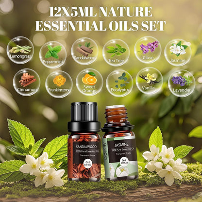 Aromatherapy Diffuser & 12 Essential Oils Set, 500 ML Ultrasonic Diffuser for Home, Cool Mist Humidifier with 14 Colour Changes, Timer and Auto-Off Function