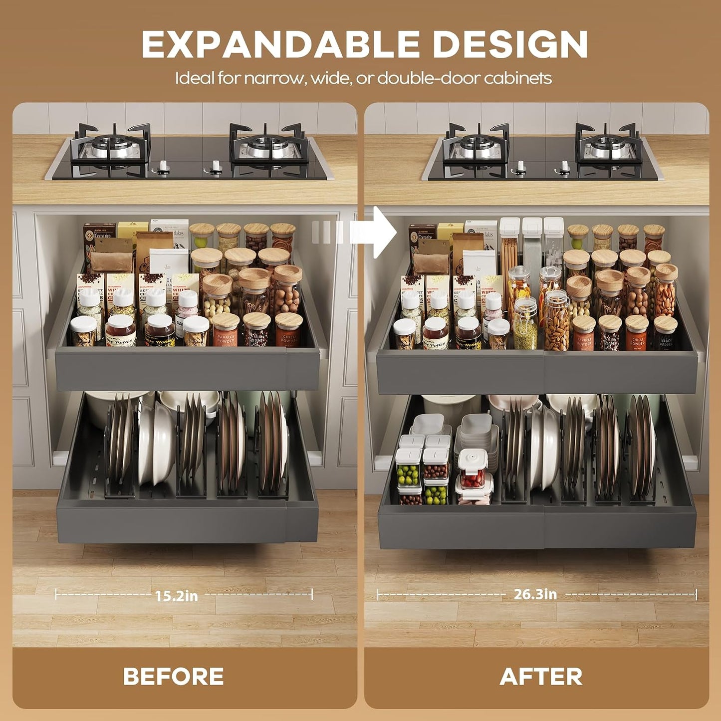 Seinloes 2Pack Pull out Cabinet Organizer 21"Deep with 4 Adjustable Dividers,Expandable（12.1"-20.4"W） Pots and Pans Organizer Under Cabinet with Raising Pad for Framed Cabinets,Slide out Drawers,White