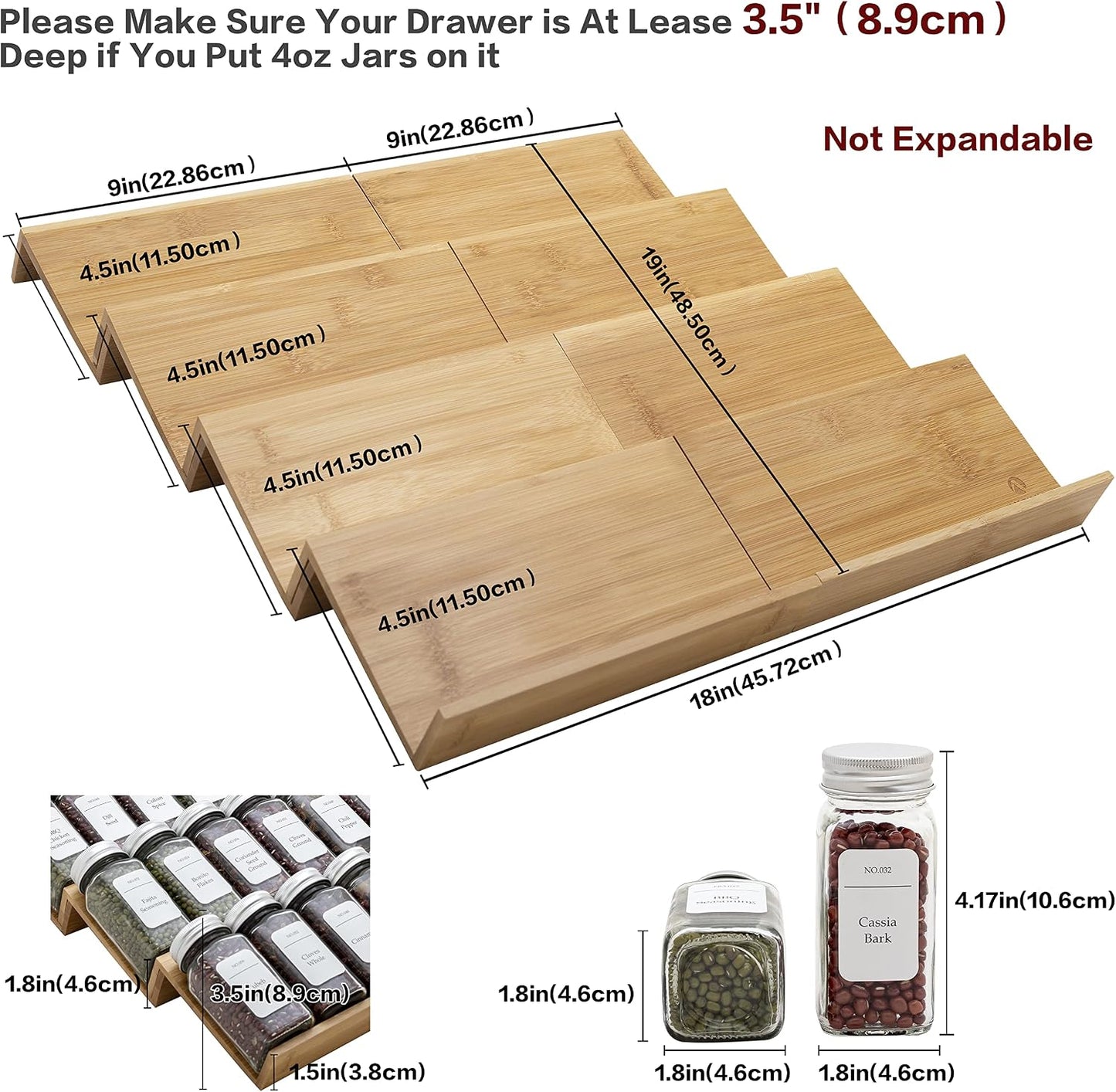 Bamboo Spice Rack Drawer Organizer - 8 Pieces Set- 7" Wide Per Piece - Combine Pieces Into 14" Wide Rack (7" or 14")