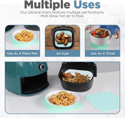Square Air Fryer Liners Silicone 8.5” x 8.5", 3-Pack, Pastel Colors | Washable & Reusable, Full Coverage, Non-Stick, Easy to Clean, air fryer liners reusable, air fryer silicone liners