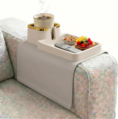 Luxury Gold Trim Couch Cup Holder Tray - Weighted Anti-Spill Navy Blue Silicone Sofa Armrest Organizer, Non-Slip Recliner Tray Table for Drinks, Remote, Phone - Fits Most Couch Arms