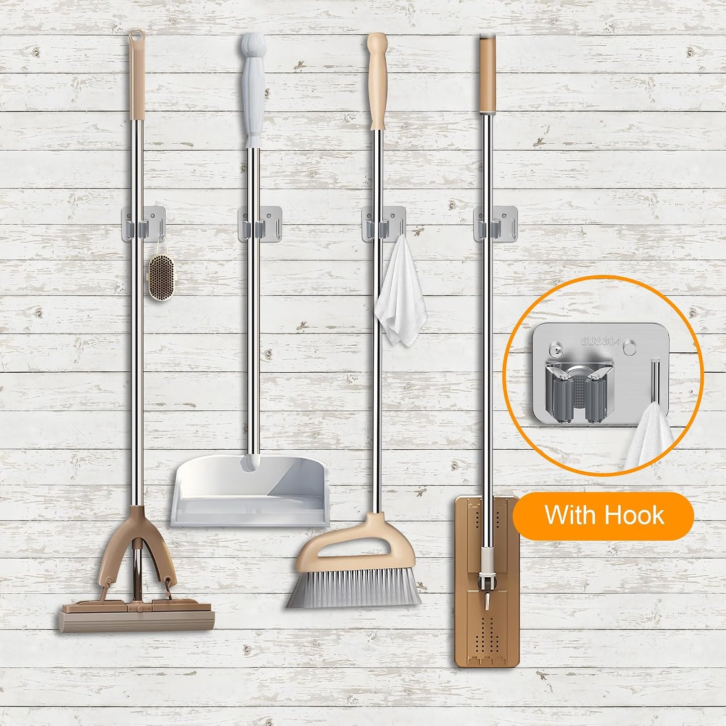 4 Pack Stainless Steel Mop and Broom Holder Wall Mount with Hook, Silver | Screw Drilling or Self Adhesive Storage Rack for Closet Laundry Garage Garden Tool Organizer
