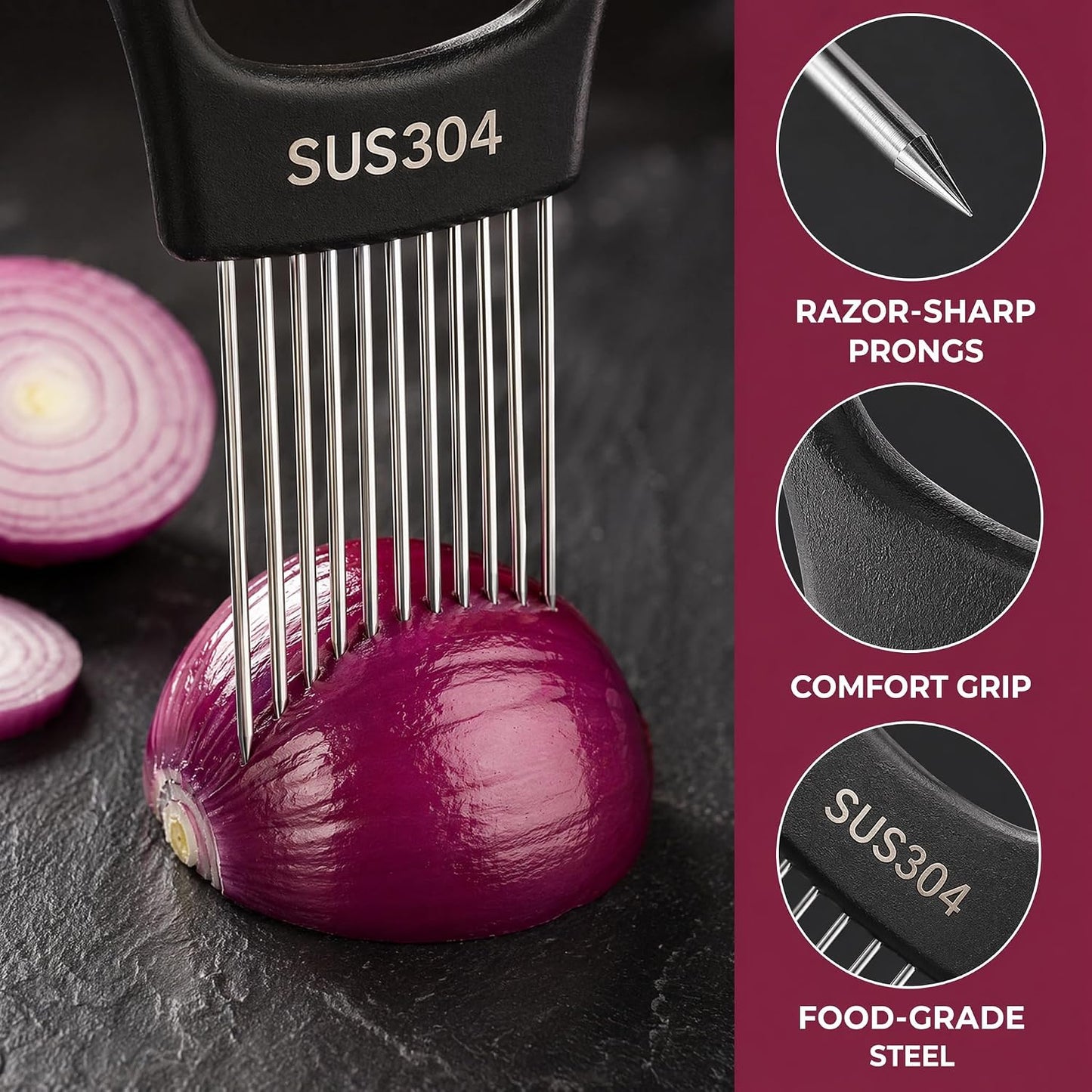 304 Stainless Steel Onion Holder & Slicer - Multi-Fruit Vegetable Fixing Tool with Sharp Prongs for Tomato, Lemon, Avocado - Safe Kitchen Gadget